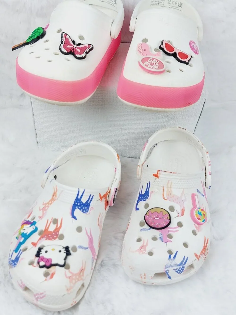 Set Of 2 Crocs Girl's White Pink Classic Platform Slip-On Casual Clogs Size 10